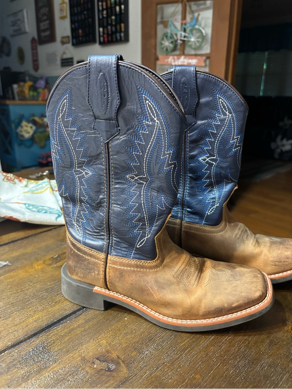 J.B. Dillon Two-Tone Brown Foot with Navy Shaft Western Boots